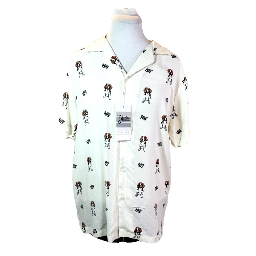 Denim & Flower Men’s Dog Print Short Sleeve Buttoned White and Brown Shirt Sz M